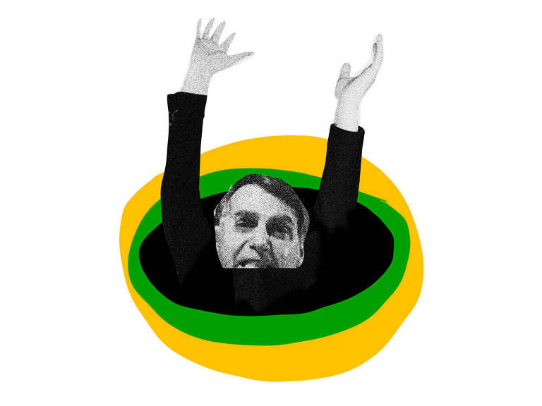 Colagem com foto de Jair Bolsonaro caindo dentro de um buraco verde e amarelo