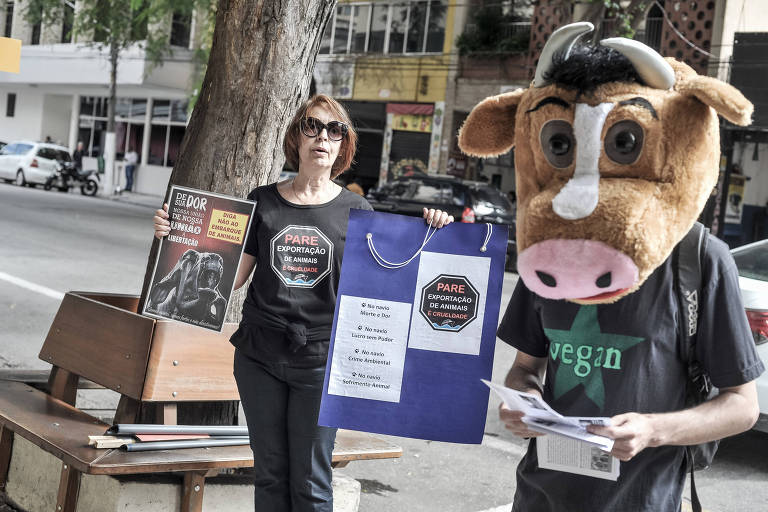 Na porta da Folha, manifestantes protestaram contra o transporte de bois vivos em navios e defenderam o fim do subsídio que isenta essa prática de ICMS. Para eles, ela é cruel, tira empregos e só serve aos pecuaristas.