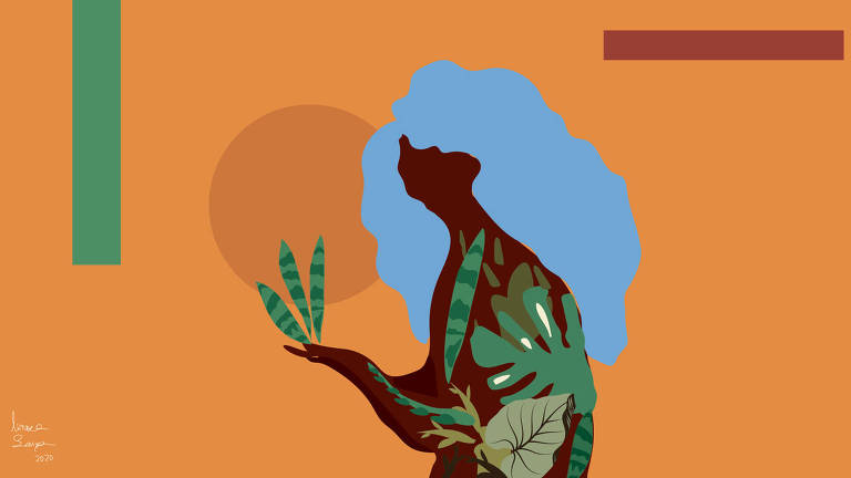 Ilustração de mulher negra com um cabelo longo e volumoso azul. Ela está coberta de plantas e segura três folhas nas mãos