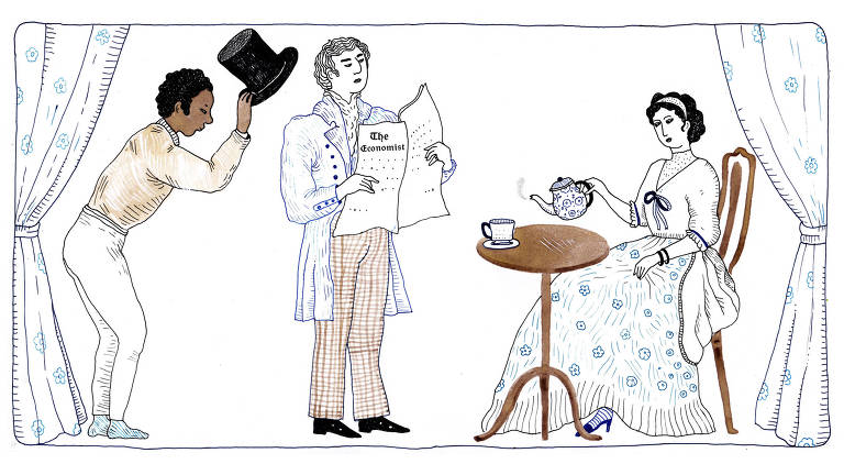 Ilustração mostra entre cortinas, uma senhora branca com roupas do século 19, sentada tomando chá, um senhor branco de pé ao seu aldo, lendo o jornal "The Economist"e um homem negro segurando uma cartola