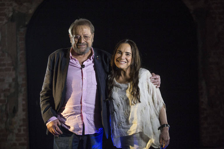 A atriz Regina Duarte e o ator Carlos Vereza, na Cinemateca durante a gravação do programa 'Plano Sequência'
