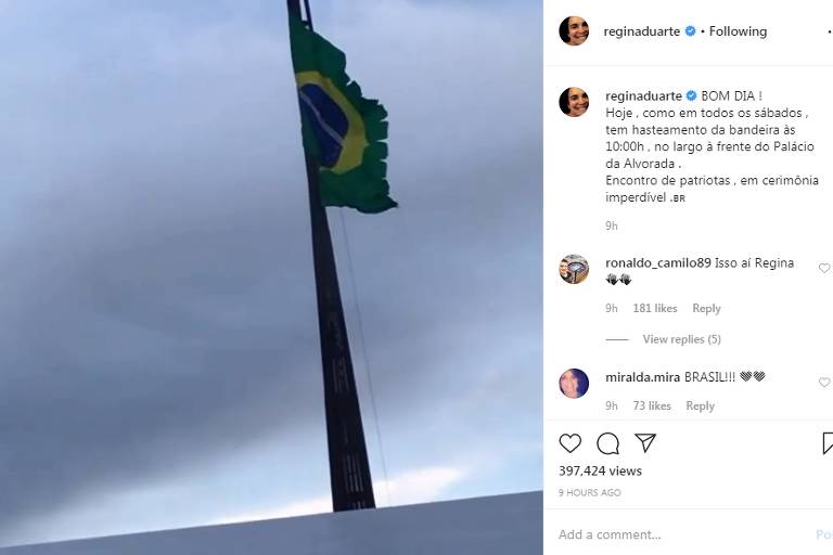 Postagem de Regina Duarte sobre a troca da bandeira