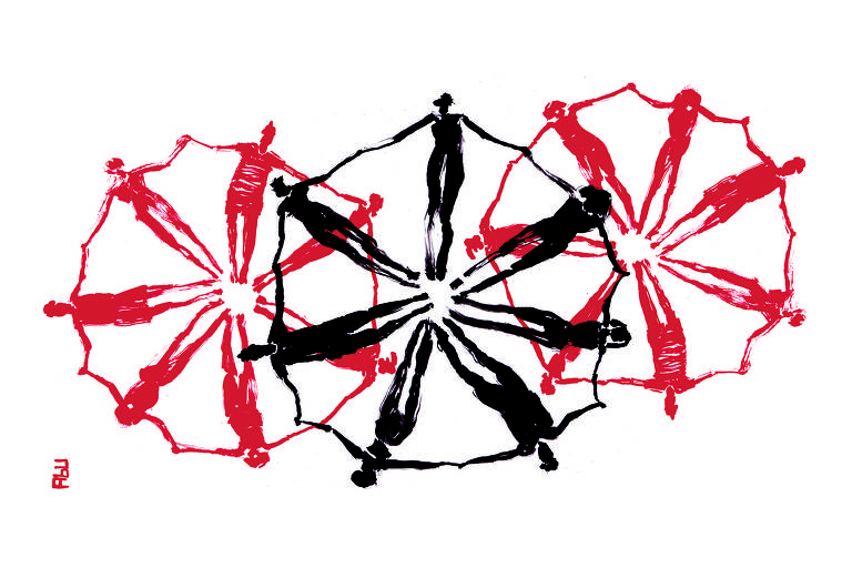 Ilustração com três círculos de pessoas de mãos dadas sobrepostos, em vermelho e preto