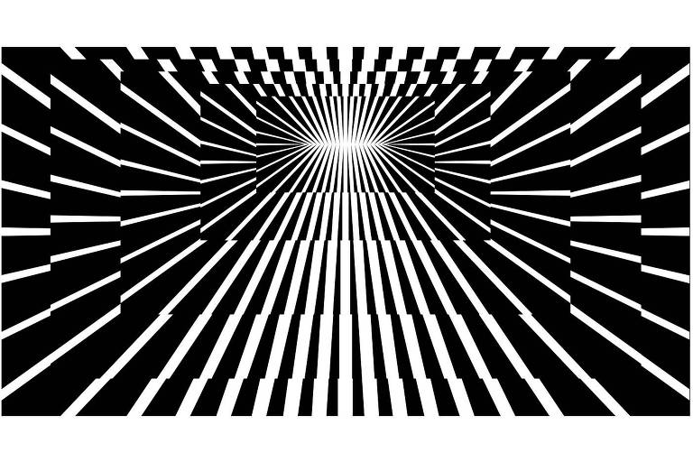 Ilustração abstrata com fundo preto e raios brancos saindo do centro, acima da imagem.