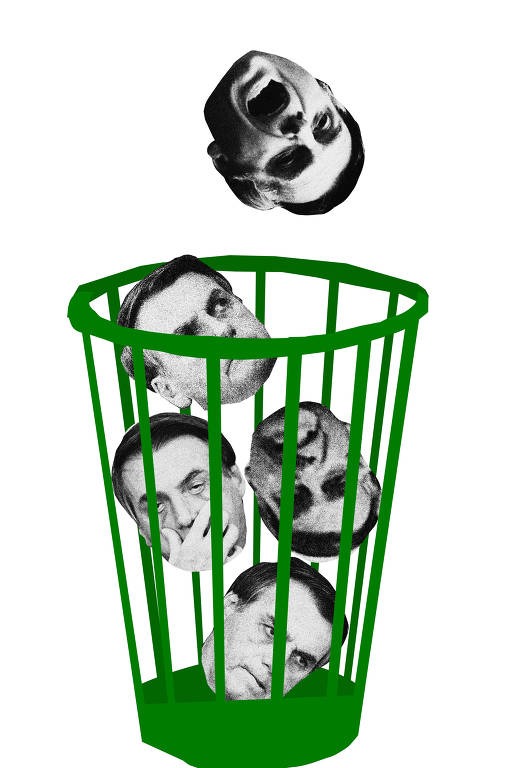 Colagem com diversas cabeças do presidente jair bolsonaro dentro de um cesto verde de lixo