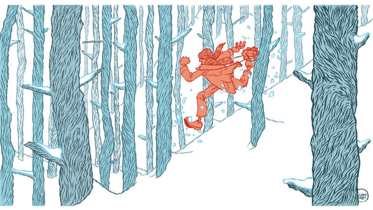 Ilustração de pessoa correndo em uma superfície inclinada toda branca. Ela está com roupas de frio cercada por árvores com neve em alguns galhos curtos.