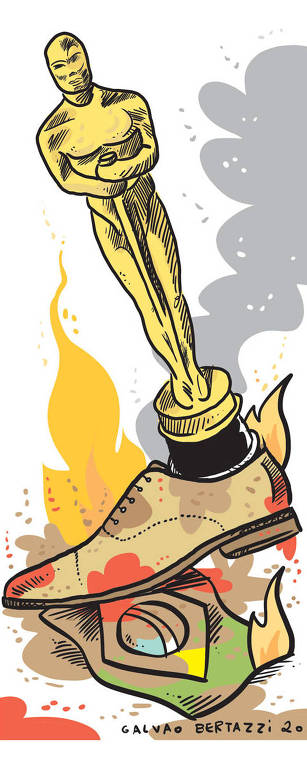 Ilustração de estátua do Oscar dentro de um sapato social que está em cima de uma bandeira do Brasil. O sapato e a bandeira estão com manchas marrons e vermelhas. Há fogo e fumaça no fundo da cena e um pouco de fogo na bandeira também.