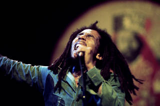 Bob Marley is pictured during a live at the Rainbow Theatre during a run to close out the Exodus Tour in London