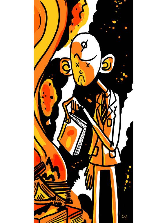 Ilustração mostra homem de terno queimando livro em fogueira