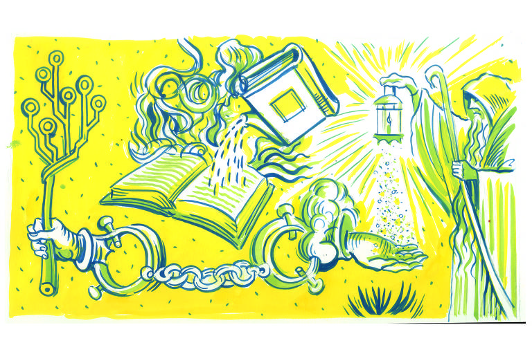 Ilustração com fundo amarelo de homem velho barbudo com túnica, iluminando vários objetos tipo livros, que estão regando outros livros, duas mão conectadas por uma algema, uma está segurando um galho que parece feito de chips de computador e a outra está presa pela algema
