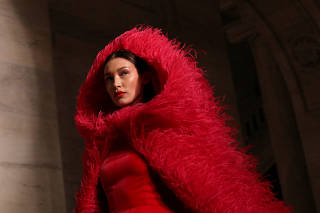 Model Bella Hadid presents a creation from the Oscar de la Renta Fall 2020 collection during New York Fashion Week