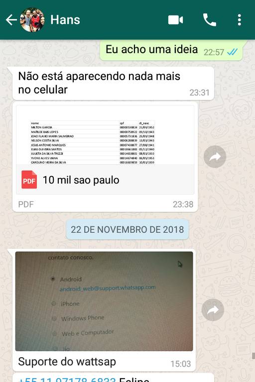 Reprodução de conversa no WhatsApp em que Hans River do Rio Nascimento, ex-funcionário de uma empresa de disparos em massa, envia à reportagem da Folha planilha com nome e CPFs para registrar chips de celular