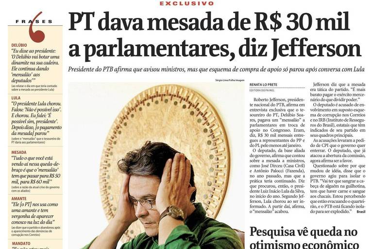 Reprodução da capa da Folha de 6 de junho de 2005 com entrevista de Roberto Jefferson a Renata Lo Prete