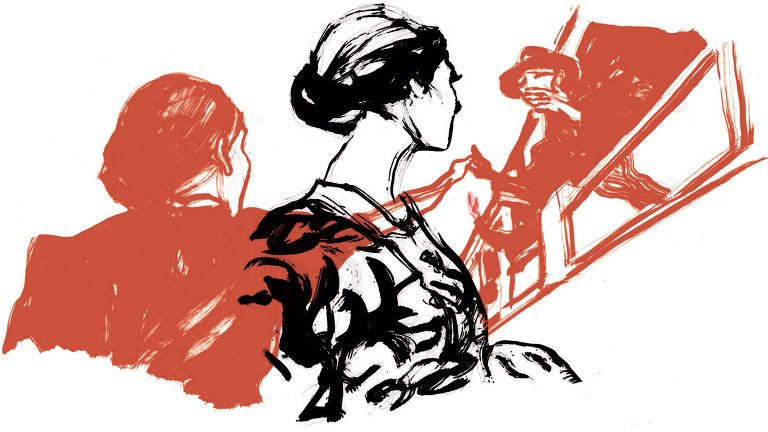 Ilustração de duas cenas sobrepostas. A primeira, desenhada em preto, é uma mulher virando a cabeça para trás. A segunda, desenhada em vermelho, é uma mulher estendendo a mão para um homem que está dentro de um vagão de trem.