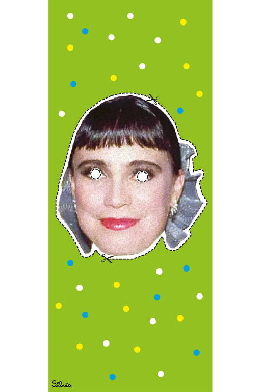 Ilustração de rosto da Regina Duarte jovem com o contorno e o espaço dos olhos pontilhados, como se fosse um máscara de papel para ser recortada. O fundo é verde com bolinhas brancas, azuis e amarelas.