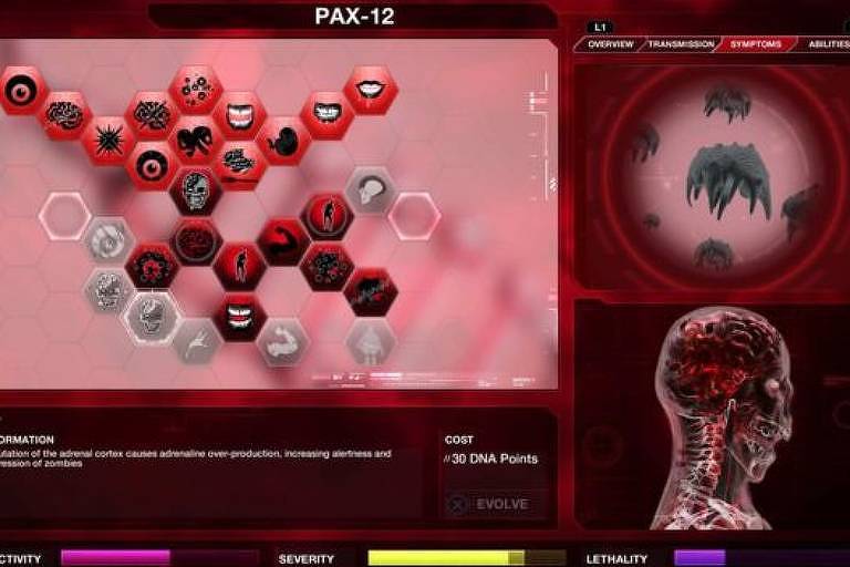 Tela do jogo Plague Inc. diz: 'Selecione um tipo de praga: bactéria; vírus; fungo; parasita; prion; nanovírus; arma biológica'