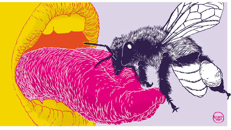 Ilustração de boca aberta com a língua para fora e uma abelha pousando nela