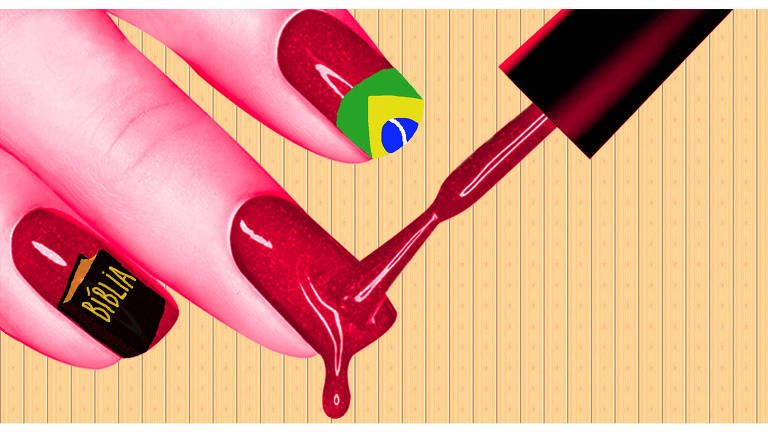 Ilustração de esmalte vermelho sendo passado em uma unha. Outras duas unhas da mão aparecem na cena, uma com desenho de uma bíblia e outra com metade da bandeira do Brasil pintada.