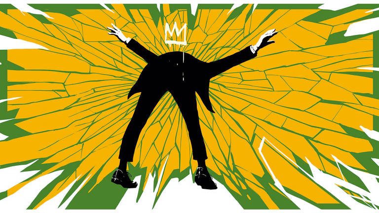 Ilustração de homem de costas com os braços para cima que está se inclinando para frente e enfiando a cabeça em uma superfície, semelhante a uma parede, que se distorce em direção ao centro. Essa superfície é verde e amarela com várias rachaduras.