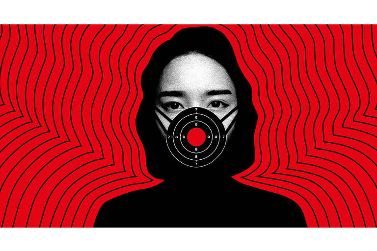 Ilustração de mulher com traços orientais sob fundo vermelho. Ela usa uma máscara de proteção que cobre a boca e o nariz. A máscara tem o formato de um alvo