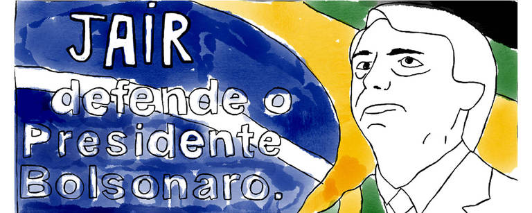 Ilustração do busto de Jair Bolsonaro com a faixa presidencial e a frase: "JAIR defende o Presidente Bolsonaro". No fundo, a bandeira do Brasil.