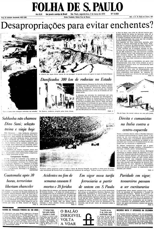 Primeira página da Folha de S.Paulo de 2 de março de 1970