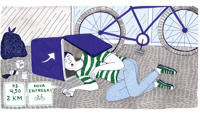Ilustração de homem dormindo no chão com a cabeça dentro de uma caixa de entrega. Ele está com o celular na mão com os avisos "Nova entrega!" "R$ 4,50 2 km". Atrás dele, há uma bicicleta e um saco de lixo com embalagens descartáveis de comida. As cores predominantes na ilustração são cinza, azul e verde.
