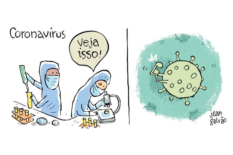 Charge de Jean Galvão publicada na Folha no dia 1º de março de 2020 mostra dois pesquisadores surpresos ao olharem pelo microscópio e enxergarem o novo vírus corona empunhando as mãos, como um lutador