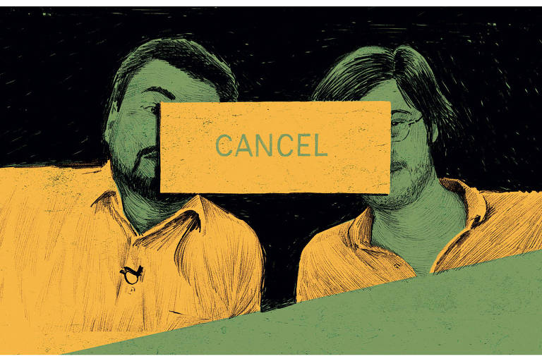 Ilustração de dois homens com um retângulo amarelo no meio da imagem, onde está escrito "CANCEL". O retângulo cobre metade do rosto de cada um. As cores usadas são amarelo, verde e preto.