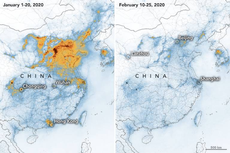 Imagens mostram menor poluição na China após epidemia do novo coronavírus