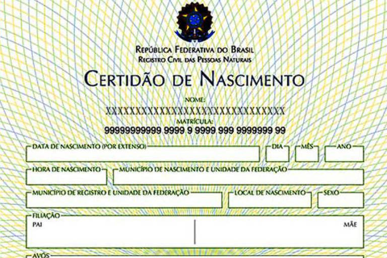 Modelo de uma certidão de nascimento brasileira