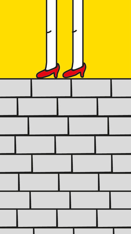 Ilustração de muro de tijolos cinzas, bem alto. No seu topo, dois pés usando sapatos vermelhos femininos.