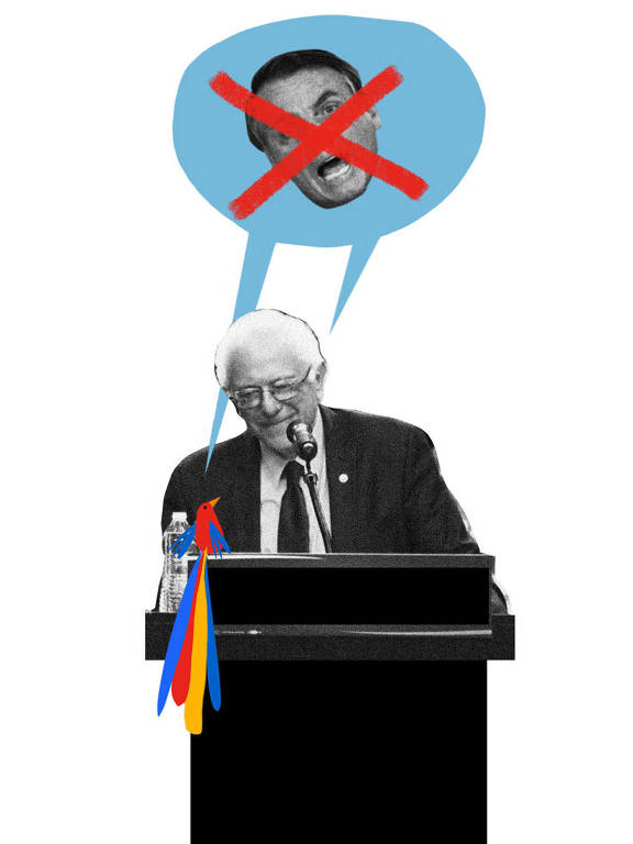 Colagem com uma fotografia de Bernie Sanders recortada e um balão de fala sai de perto dele. Dentro do balão, há o rosto de Jair Bolsonaro com um X em vermelho.