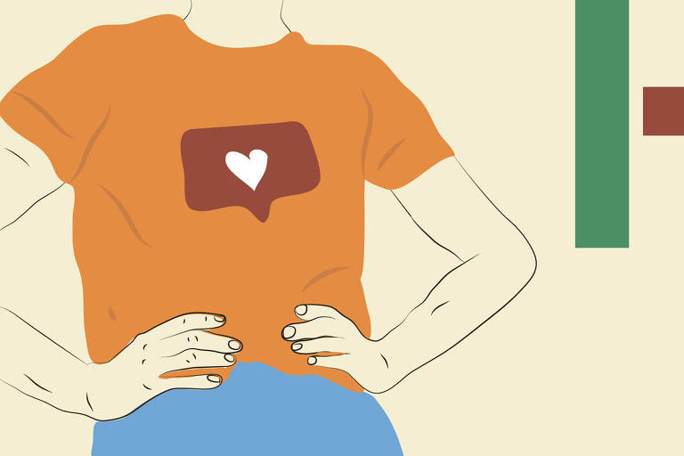Ilustração de mulher com as mãos na cintura e o tronco levemente curvado para trás. Ela está vestindo uma camiseta laranja com a estampa de um balão de fala e um coração dentro dele.