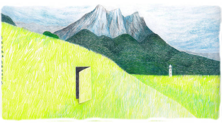 Ilustração de paisagem de montanhas cobertas por vegetação e uma porta no meio de uma delas.