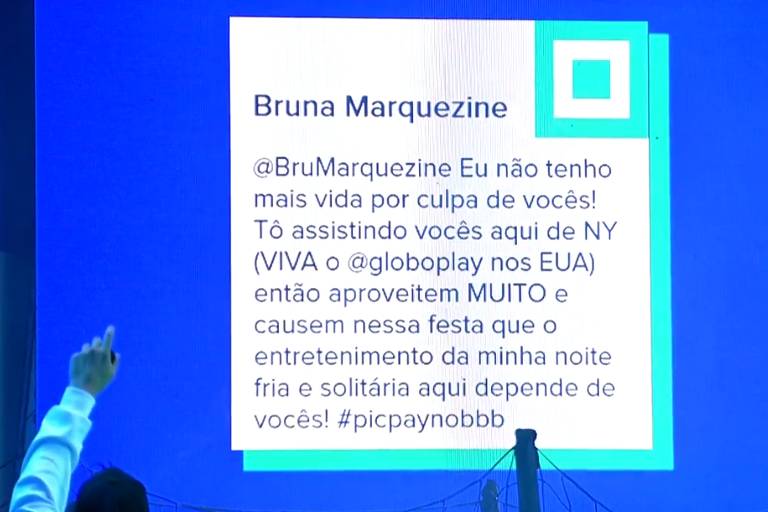 Mensagem da atriz Bruna Marquezine exibida em telão na festa deste sábado (7) no BBB