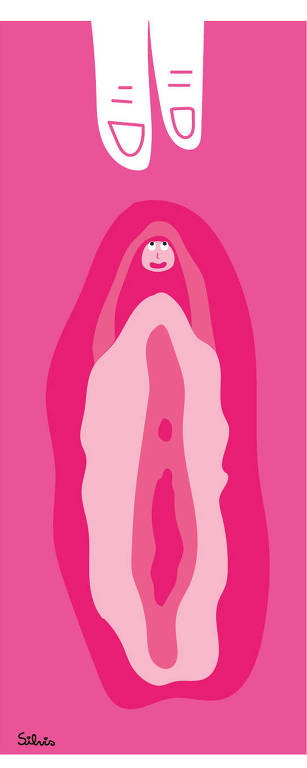 Ilustração em tons de rosa mostra parte do aparelho genital feminino, a vulva, os lábios e o clitóris, que tem um rostinho. Dois dedos descem em direção a ele e ele os olha.