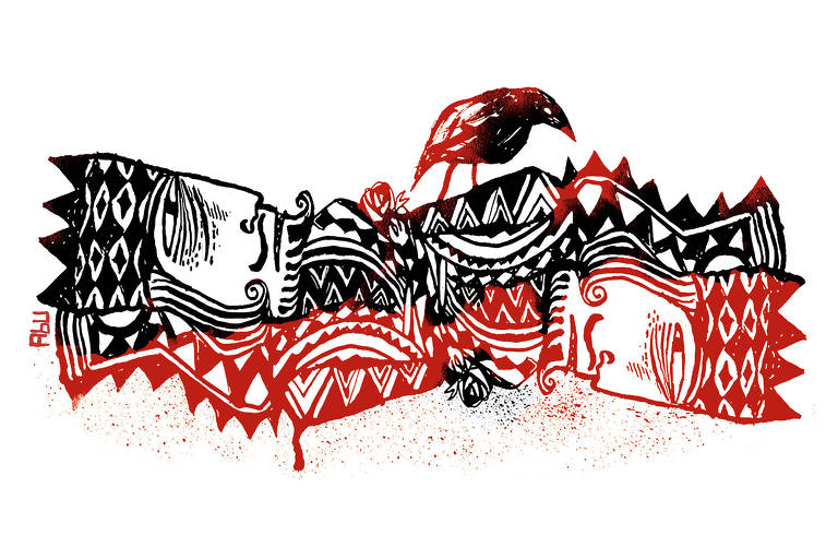 Ilustração em vermelho e preto mostra imagem do rei, de carta de baralho, caído. obre ele, um corvo. Ele olha o bicho.