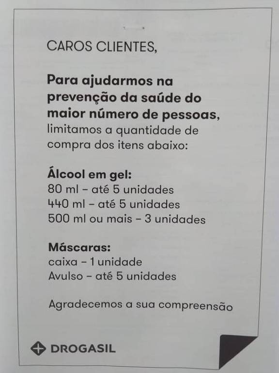 Loja da Drogasil em São Paulo raciona venda de álcool em gel e máscaras