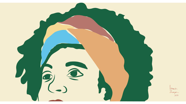 Ilustração de rosto de Marielle Franco com uma faixa colorida em seu cabelo