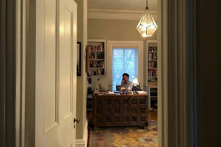 Canada?s Prime Minister Justin Trudeau works from his home office at Rideau Cottage, during his self-quarantine after his wife Sophie Gregoire tested positive for novel coronavirus, in Ottawa