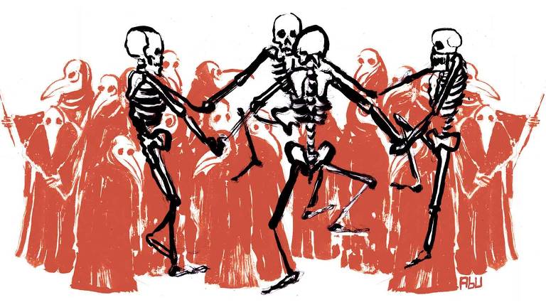 Ilustração de quatro esqueletos em uma roda de ciranda. Atrás, há vários seres vestindo capas que cobrem o corpo todo e máscaras de médico de peste negra.