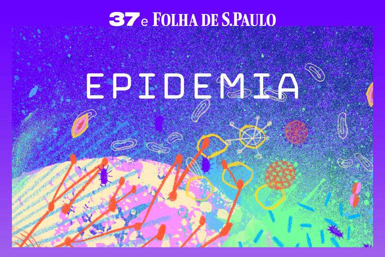 Capa do podcast Epidemia, parceria entre Folha e 37 graus; imagem mostra o nome dos dois produtores, o nome do podcast e uma arte estilizada que remete a um vírus