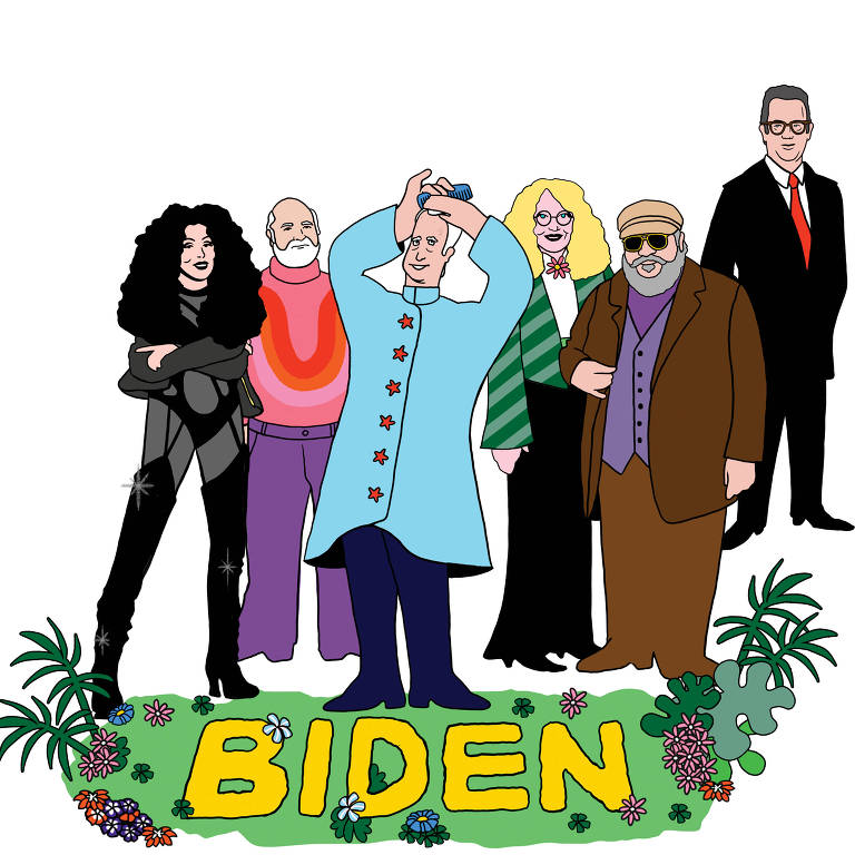 Da esq. para a dir, a cantora Cher, o cineasta Rob Reiner, a atriz Mia Farrow, o escritor George R. R. Martin eo ator Tom Hanks, ao fundo, com Biden à frente
