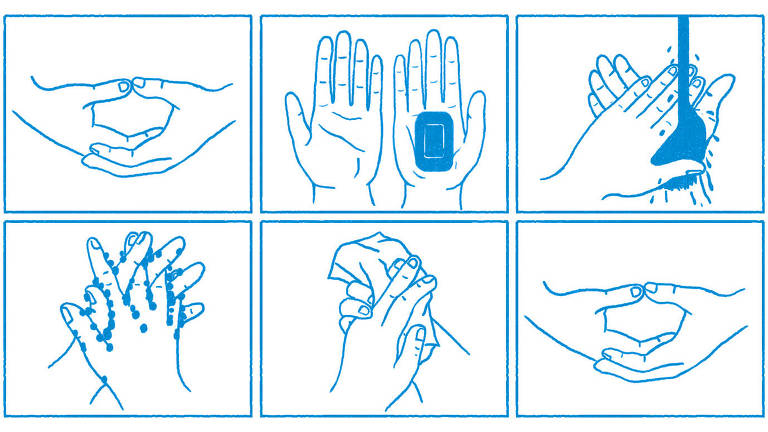 Ilustração mostra um passo a passo de como lavar as mãos