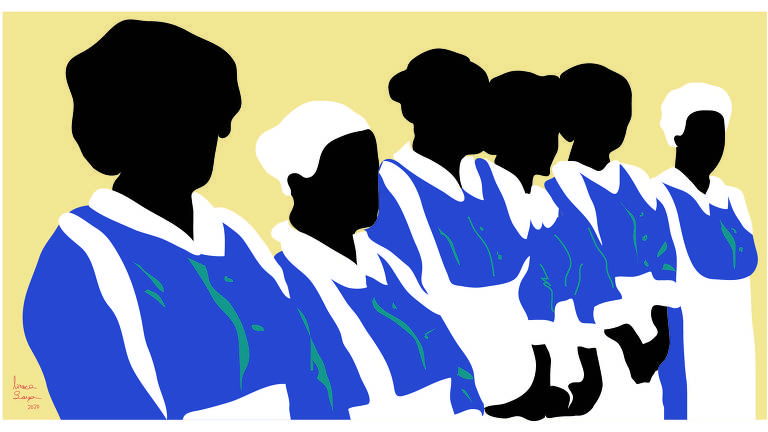 Ilustração mostra fileiras de mulheres negras, sem rosto, com uniformes azuis de empregadas domésticas.