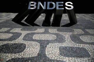 FILE PHOTO: The logo of Brazil's development bank BNDES is pictured outside of the building in Rio de Janeiro