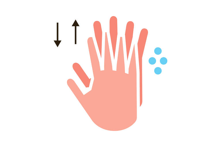 Enganche as pontas dos dedos nas palmas das mãos e esfregue. Depois, esfregue as unhas nas palmas das mãos