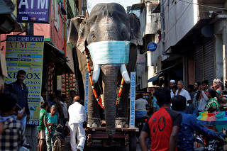 A replica of an elephant with a facemask on is being moved through a street to create awareness against coronavirus disease (COVID-19), in Chennai