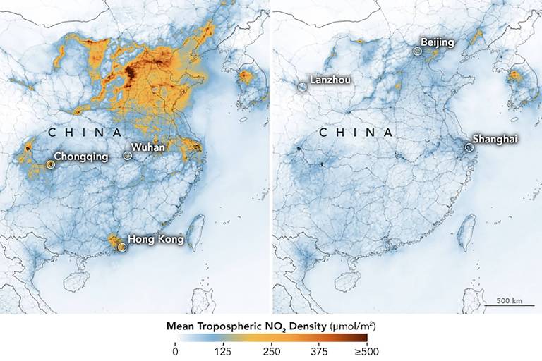 Imagem de satélite mostra poluição por dióxido de nitrogênio, resultante da queima de combustíveis fósseis, em janeiro, antes de medidas contra o coronavírus, e fevereiro, durante as restrições, na China